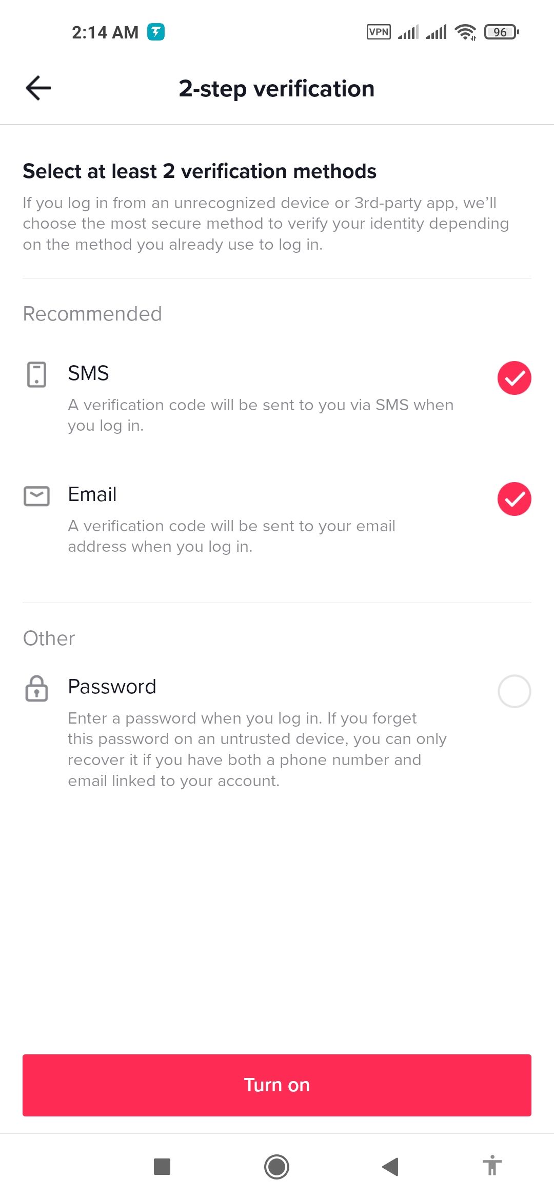 TikTok SMS Email selected