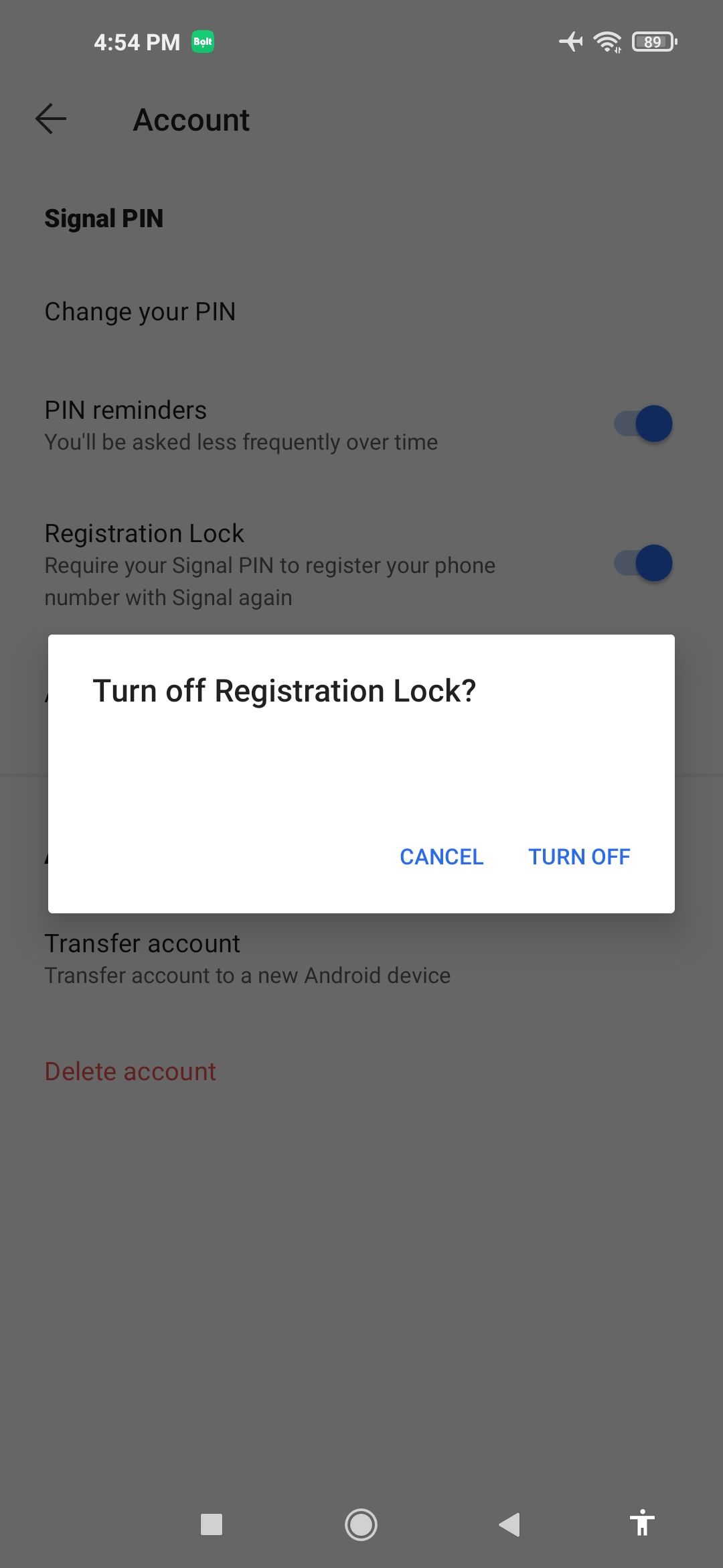 Signal turn off Registration Lock warning