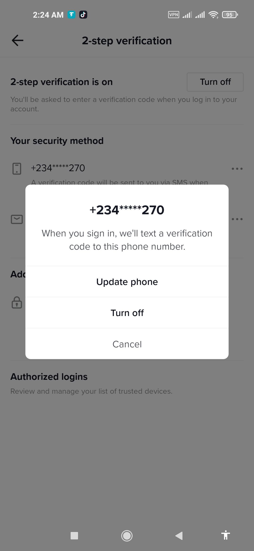 TikTok update 2SV phone number or email