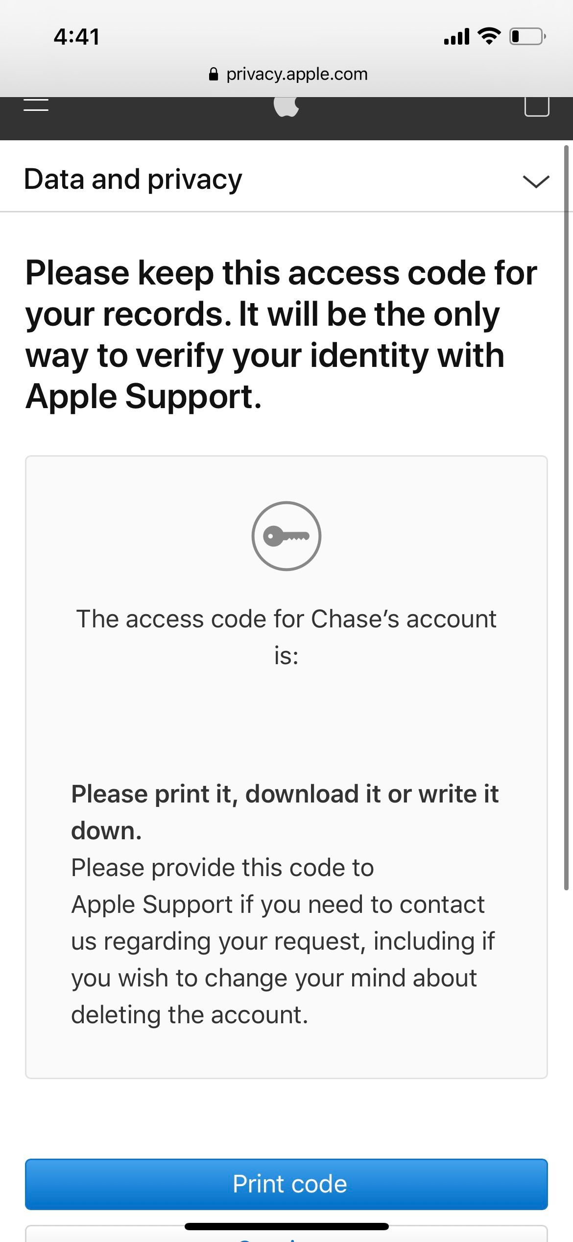 Access Code for Deleting Account