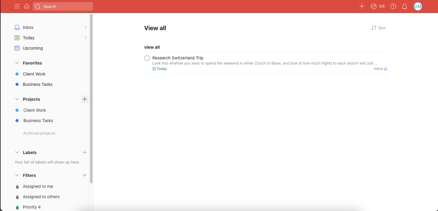 Screenshot showing the toolbar to add a project on Todoist