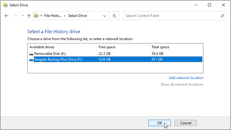 free agent goflex drive not recognized windows file history