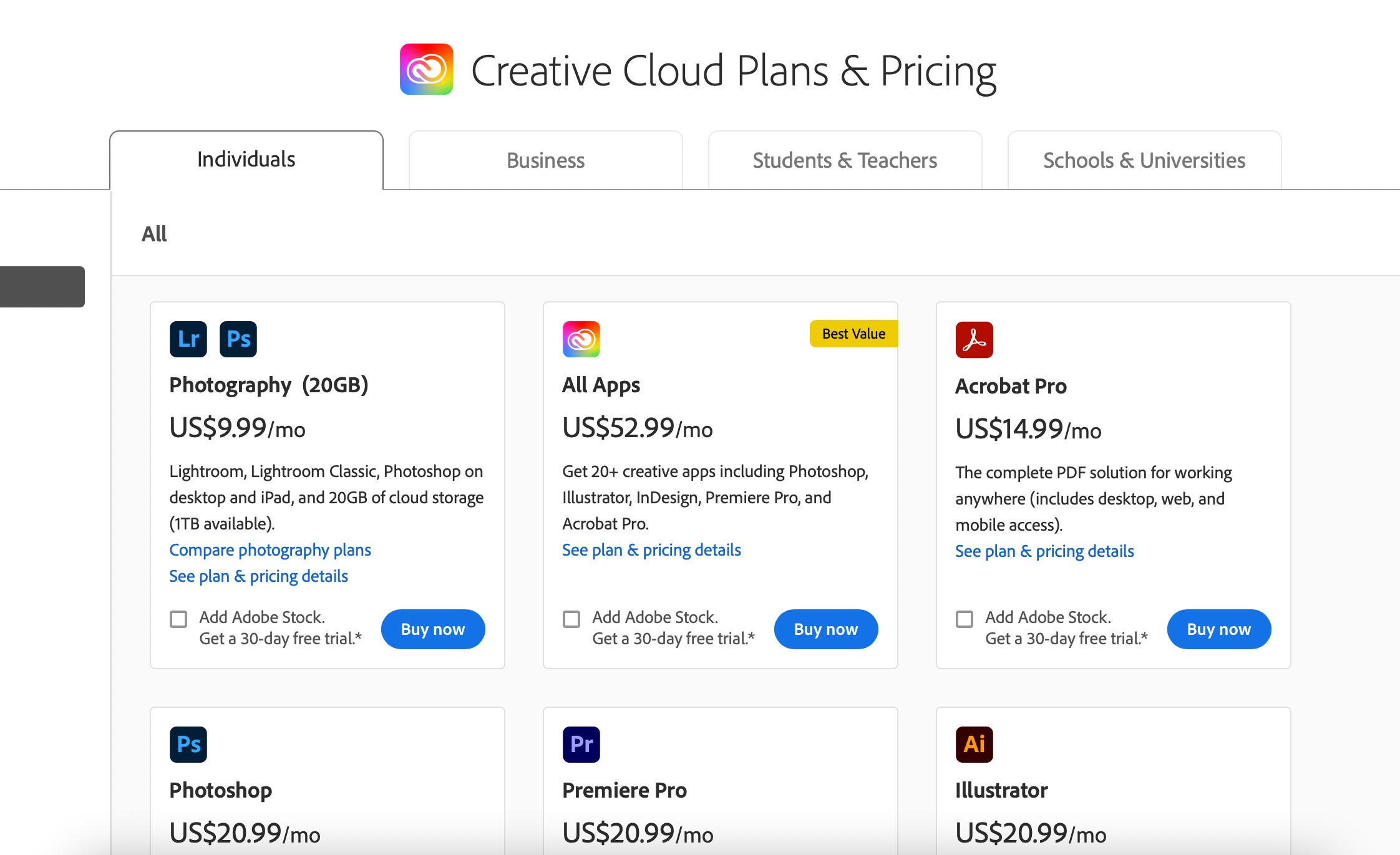 Adobe Premiere Pro pricing page information