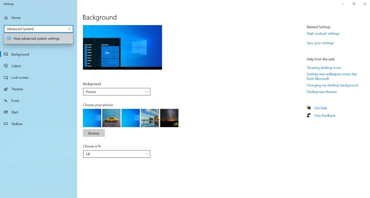 Advanced system settings in Windows 10