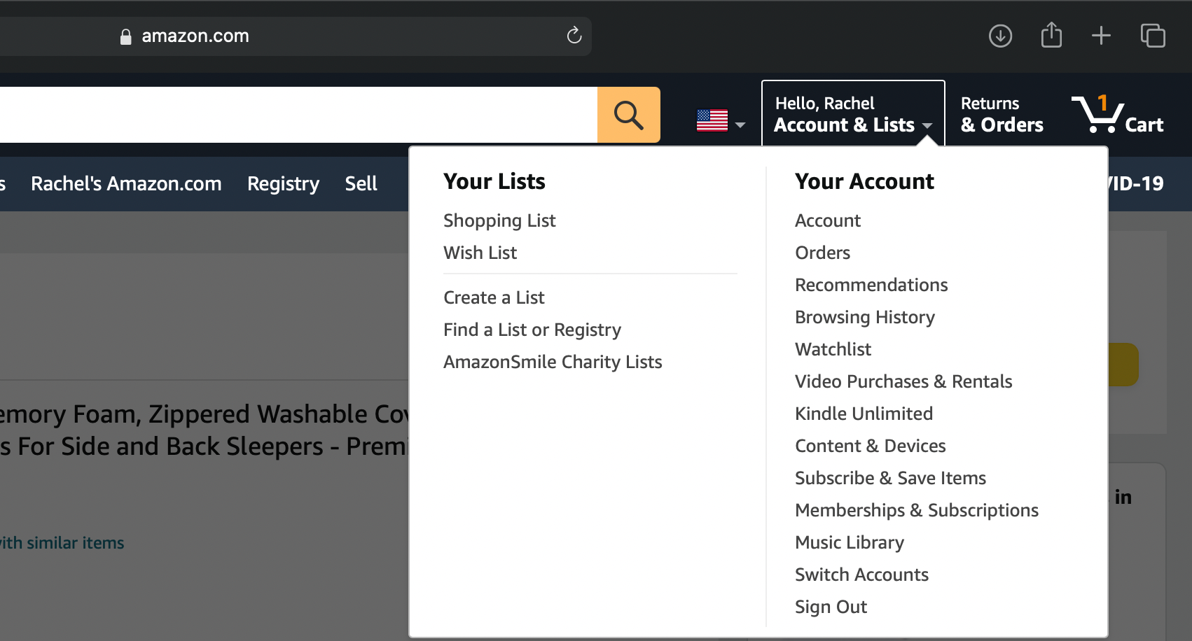 Amazon Accounts and Lists Option