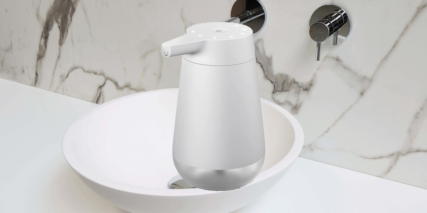 Amazon smart soap dispenser in front of bathroom sink