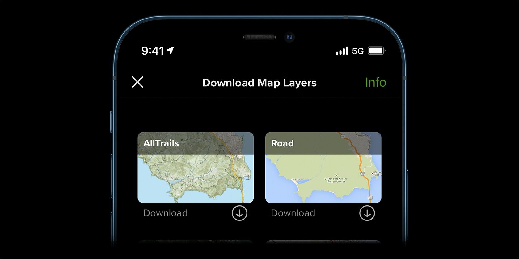 An iPhone screenshot displaying a prompt in Apple Maps on iOS 15 offering to download map layers using 5G cellular connectivity 
