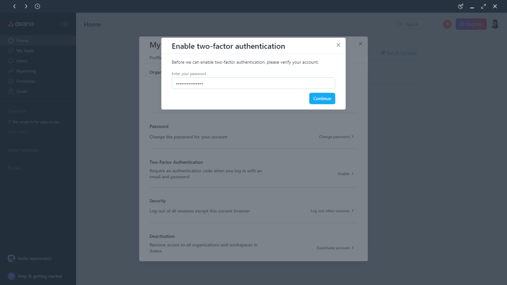 So aktivieren Sie die Zwei-Faktor-Authentifizierung in Asana - Asana 2FA click Continue