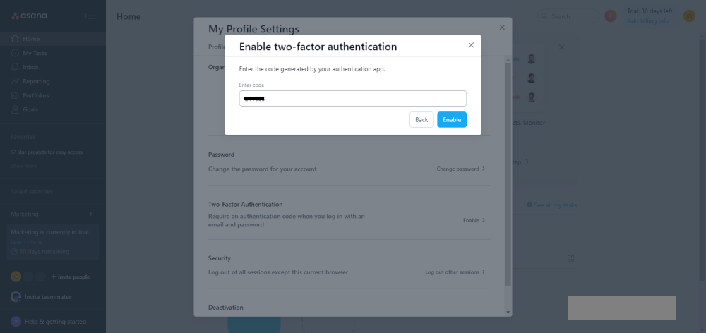 So aktivieren Sie die Zwei-Faktor-Authentifizierung in Asana - Asana 2FA enter 6 digit code from authenticator and click Enable 1