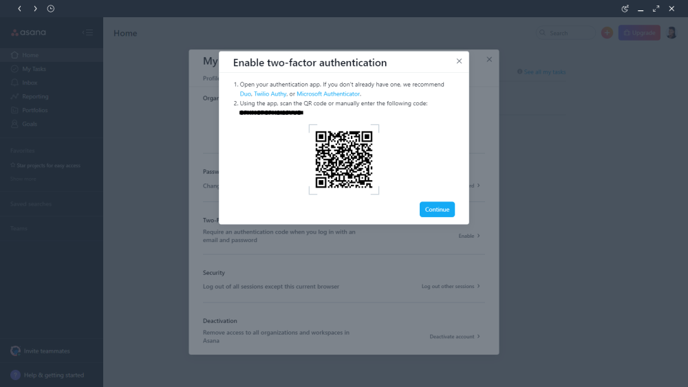 So aktivieren Sie die Zwei-Faktor-Authentifizierung in Asana - Asana 2FA scan QR code or enter code into authenticator