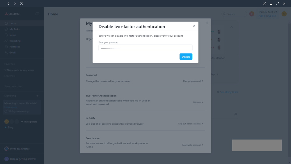 So aktivieren Sie die Zwei-Faktor-Authentifizierung in Asana - Asana enter password and click Disable