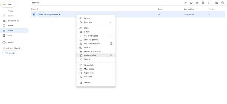 Image shows Available Offline toggle inside Google Drive