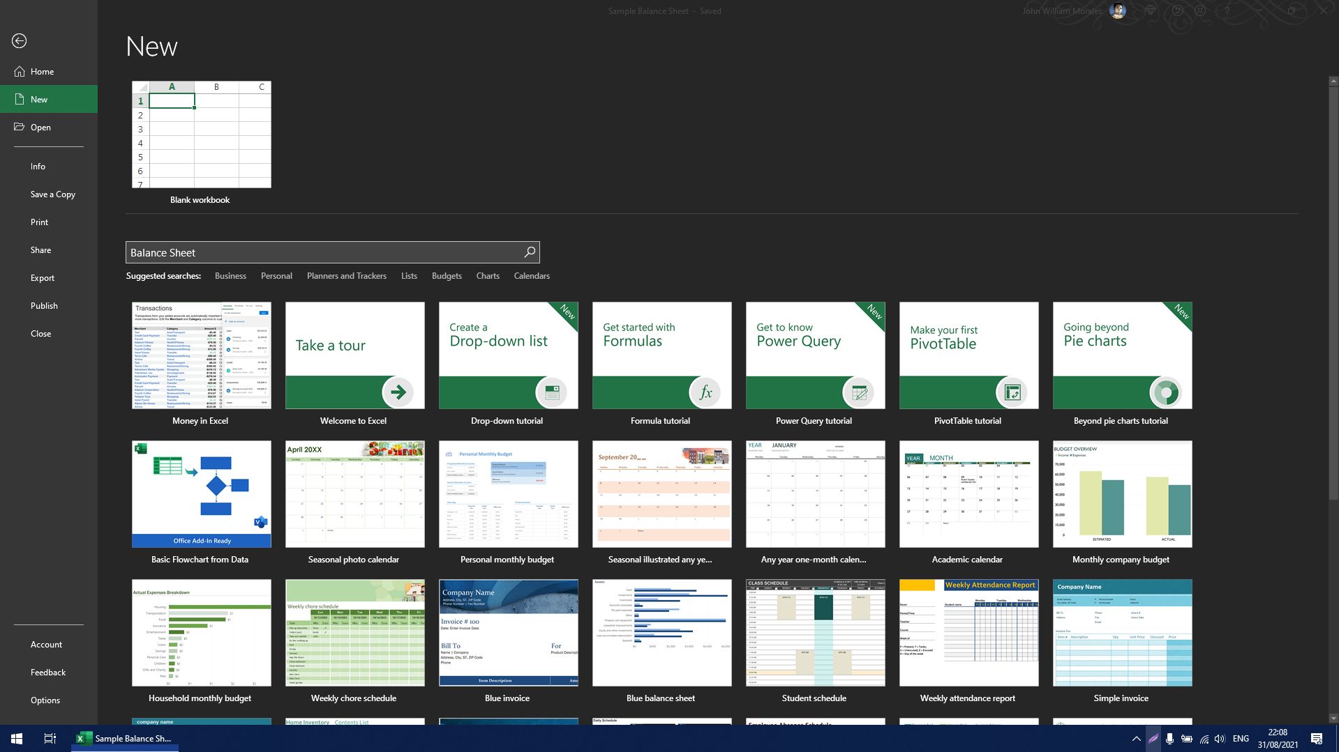 Balance Sheet Templates searchable within the Excel New Tab