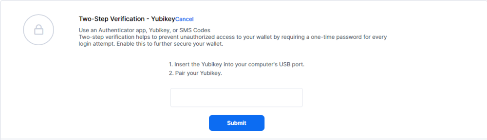 Blockchain 2SV click Yubikey Submit