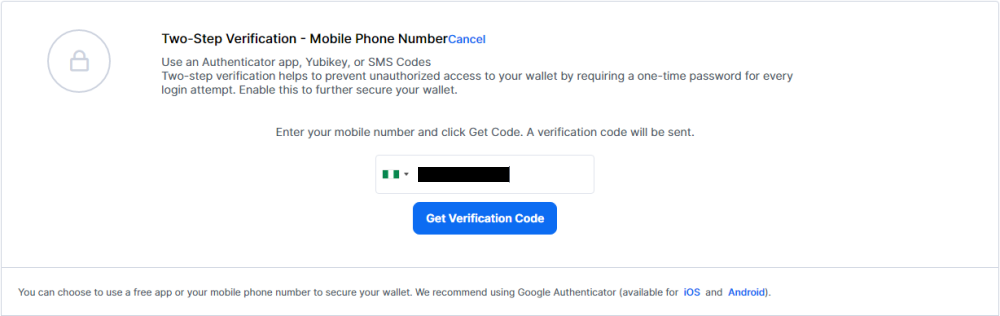 Blockchain SMS 2SV click Get Verification Code