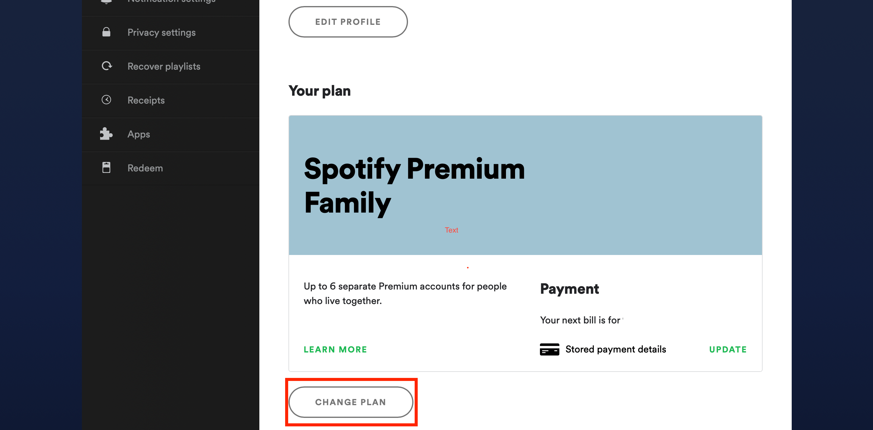 Change plan option on Spotify