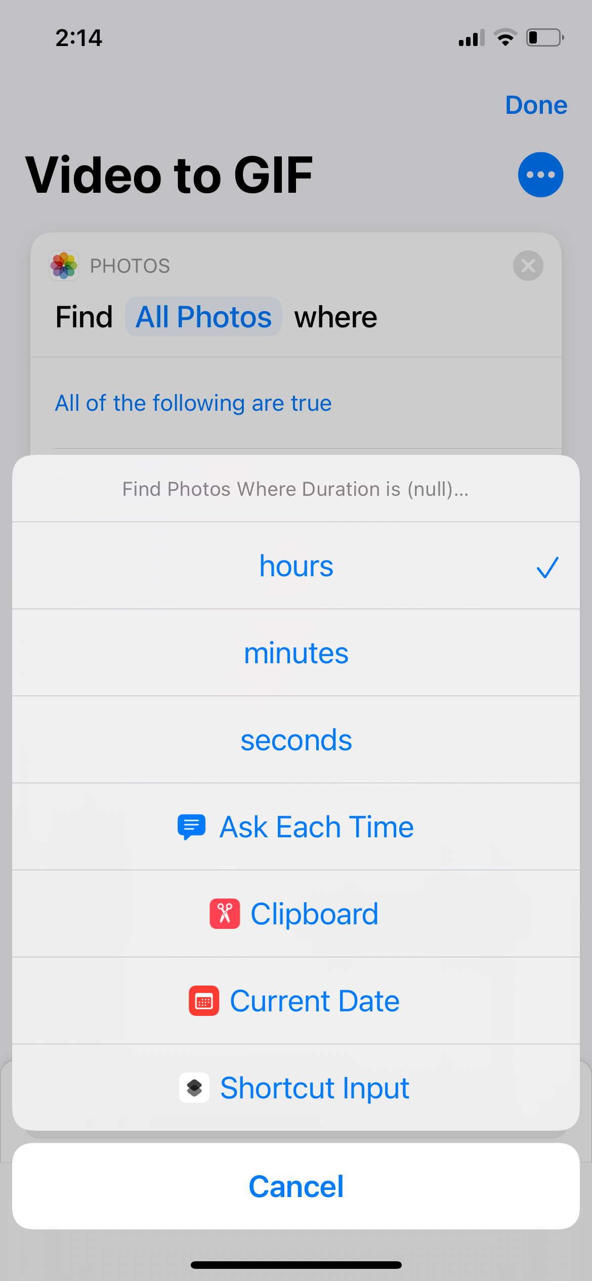 Changing Video Duration Action in Shortcuts