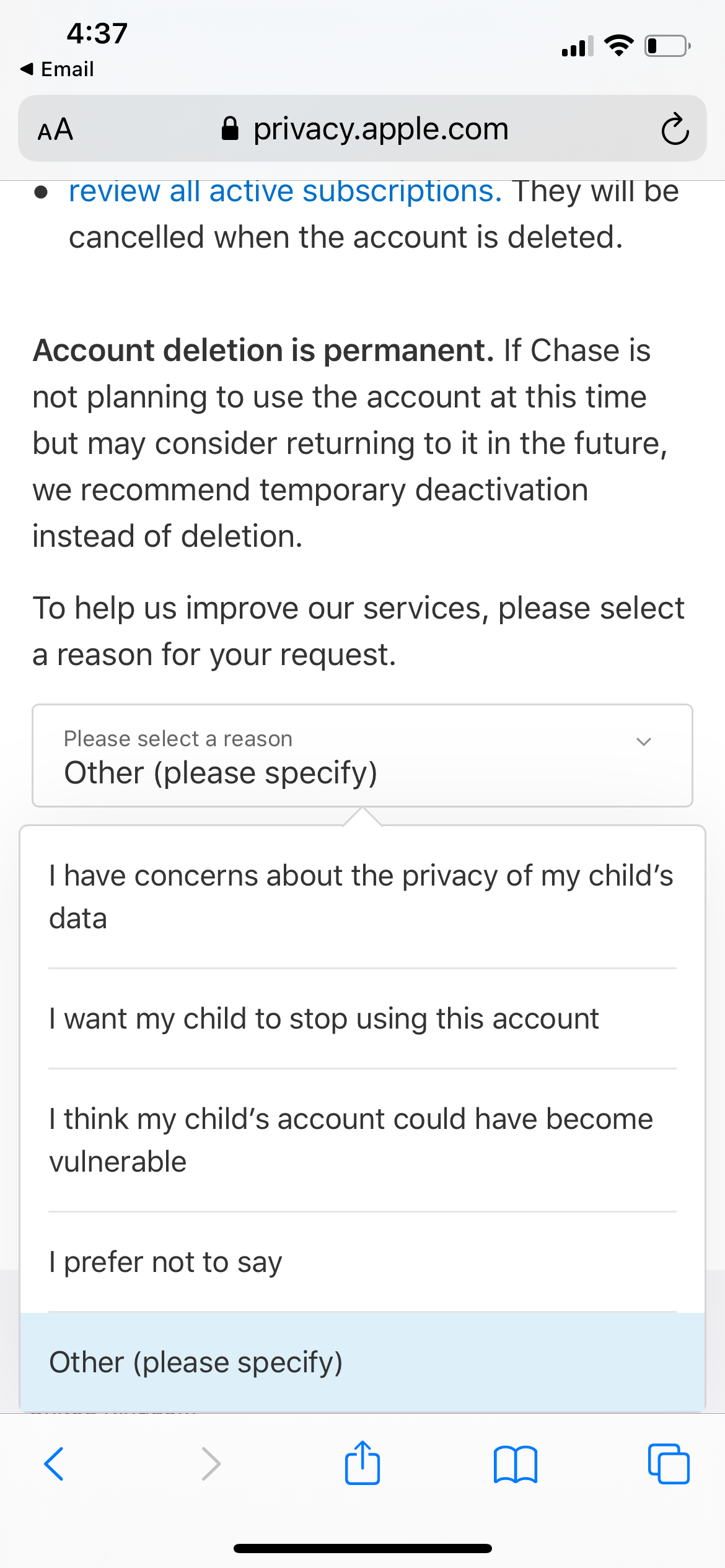 Choosing Reason for Deleting Account