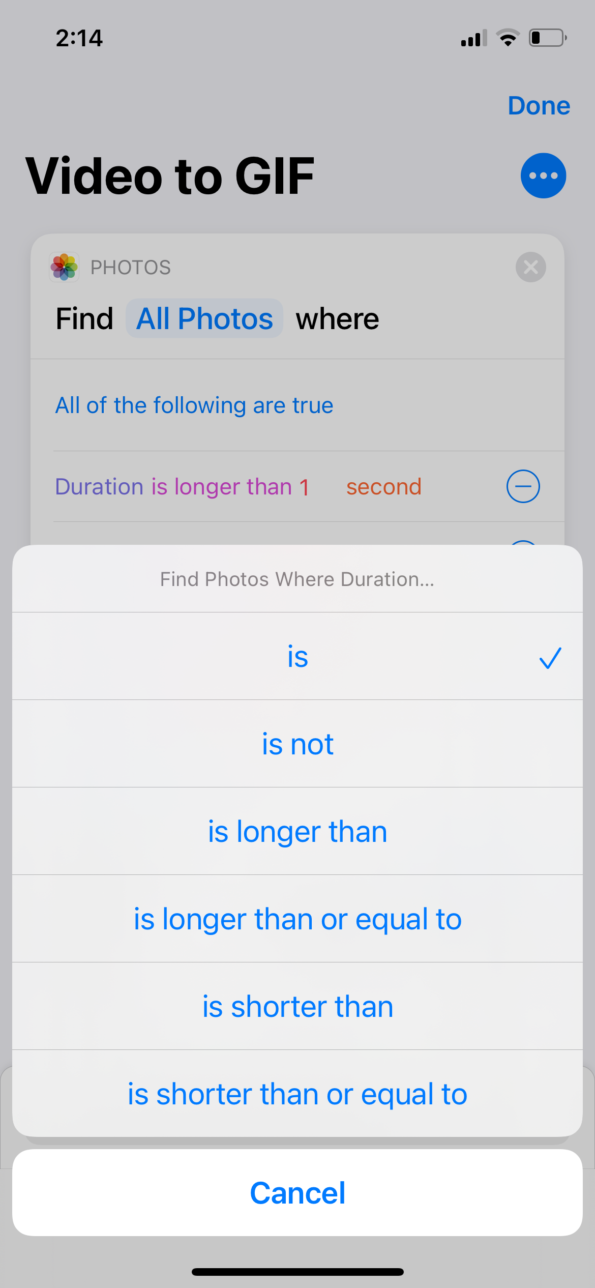 Choosing is on iPhone Shortcuts for video GIF duration