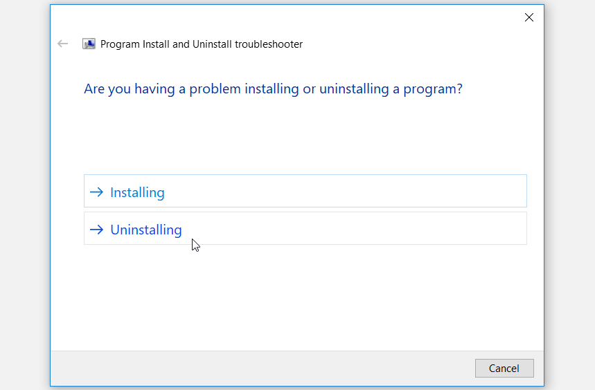 Clicking the Uninstall option in the Microsoft Program Install and Uninstall troubleshooter