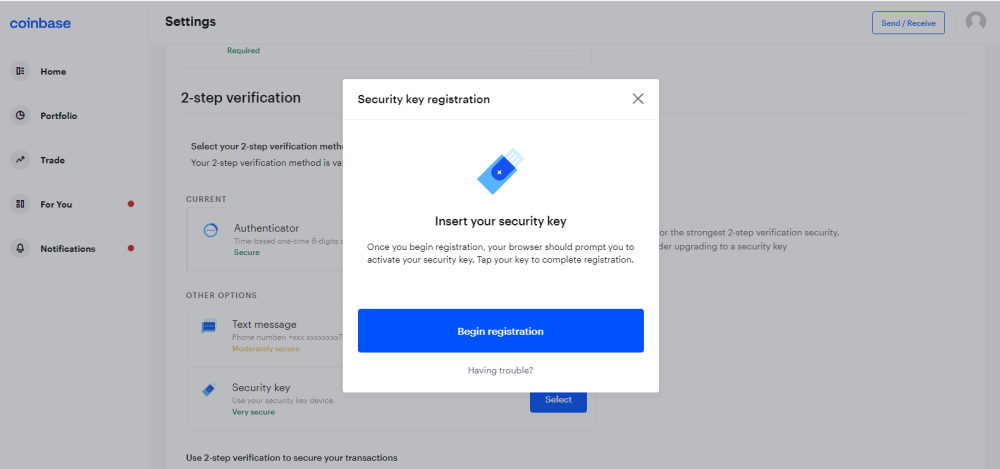 Coinbase security key Begin registration