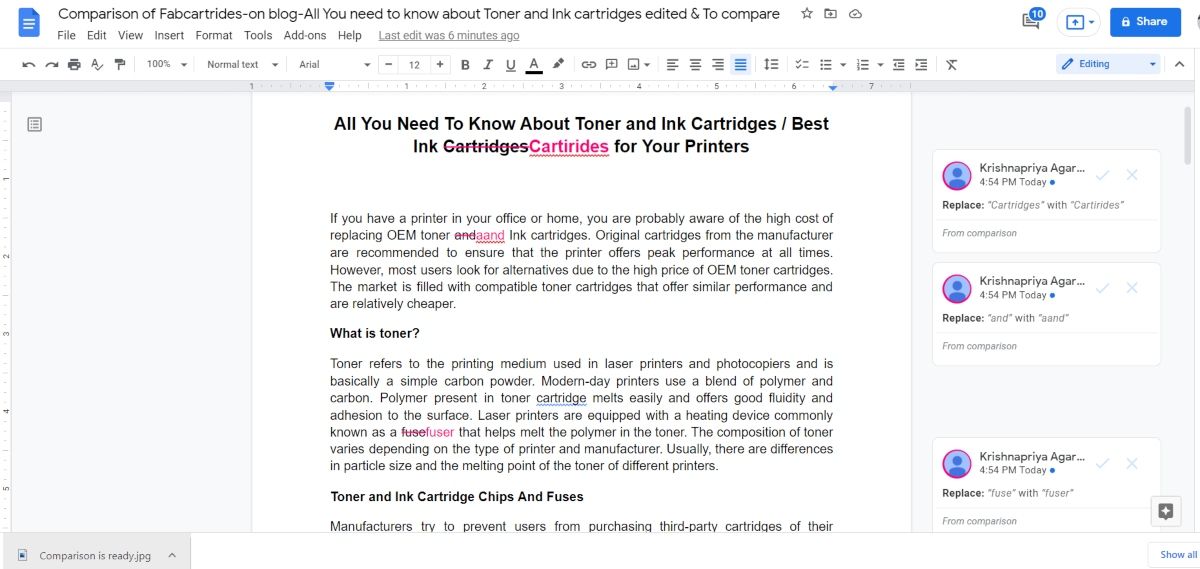 Final Comparison Page of Google Docs