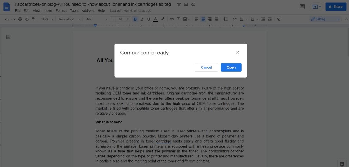 Comparison page in Google Docs