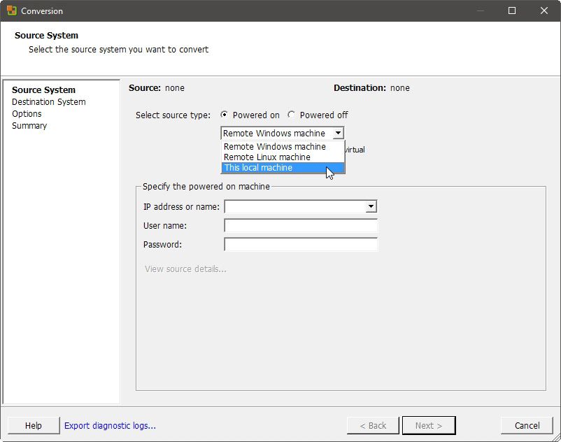 Configuring Source in VMWare vCenter Converter Standalone
