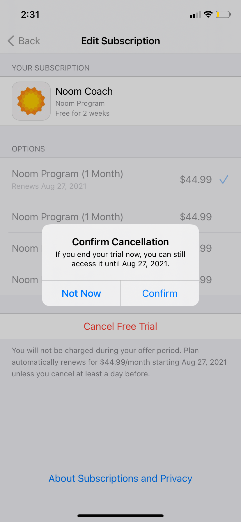 Confirming Noom subscription cancellation in iPhone settings