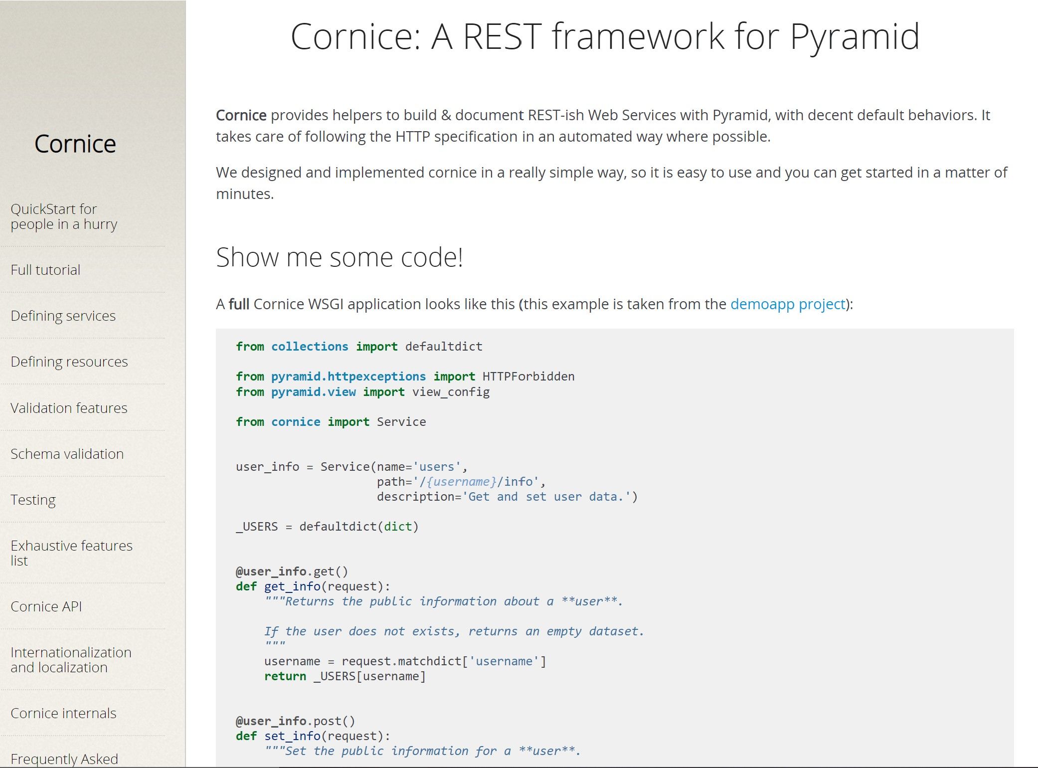 Cornice API website interface