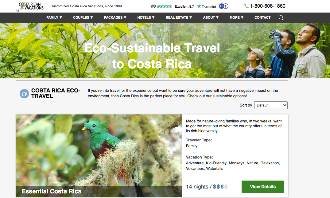 Screenshot of the Costa Rican Vacations Website