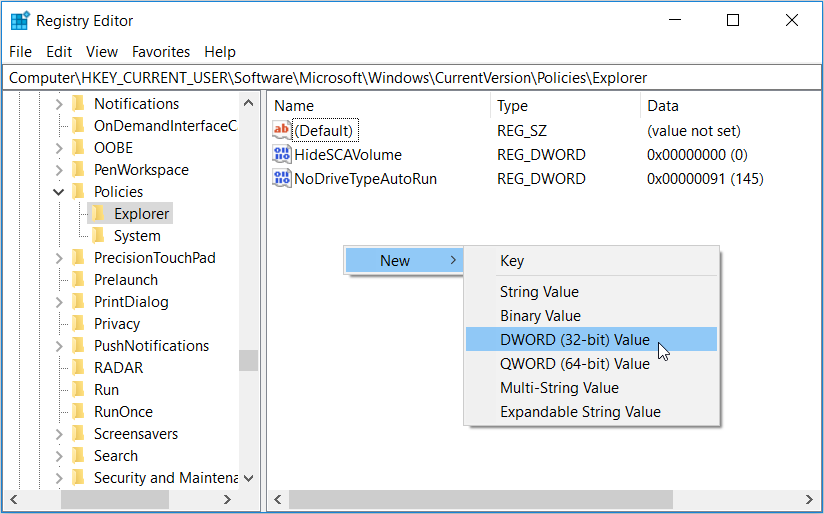 Creating a new value in the Registry Editor