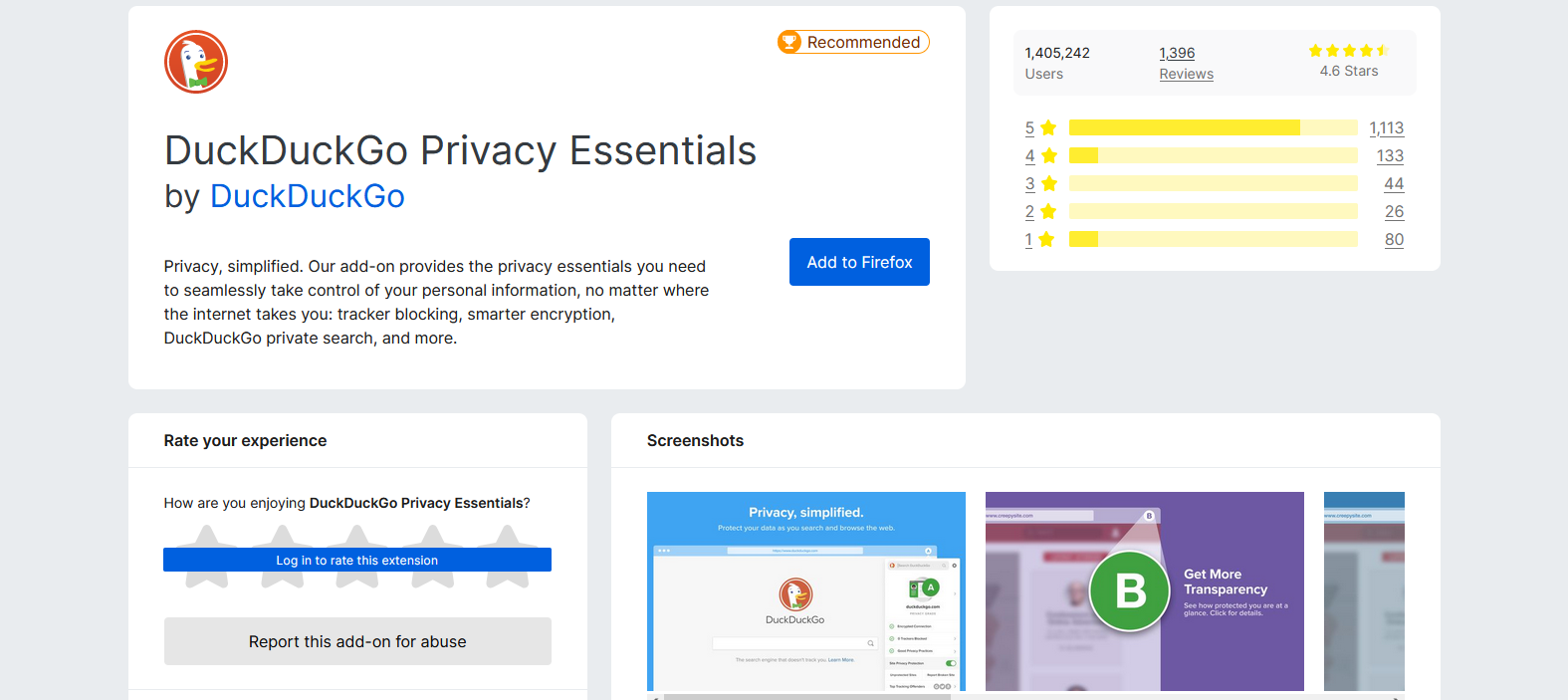 Screenshot of DuckDuckGo Privacy Essentials' Addon Page