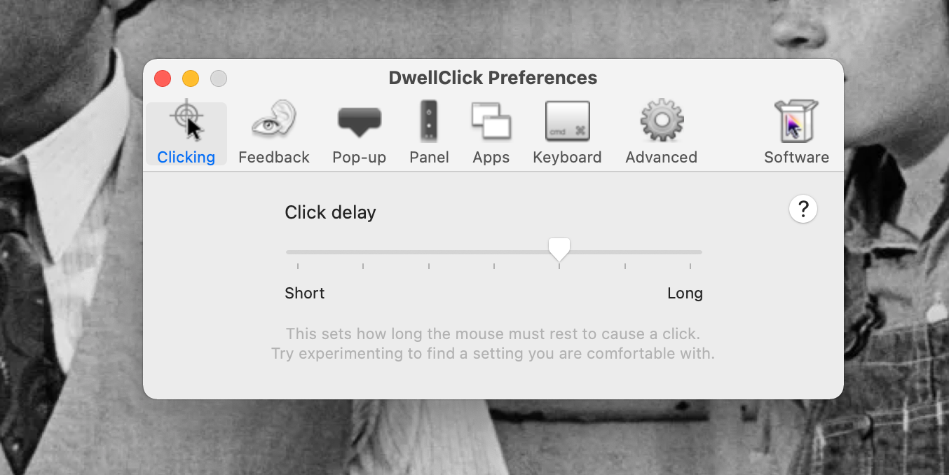 A janela de preferências do DwellClick é aberta em um MacBook Pro.  A guia Clicando está selecionada