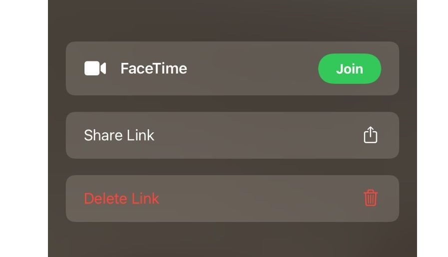 FaceTime Join, Share Link, and Delete Link Buttons