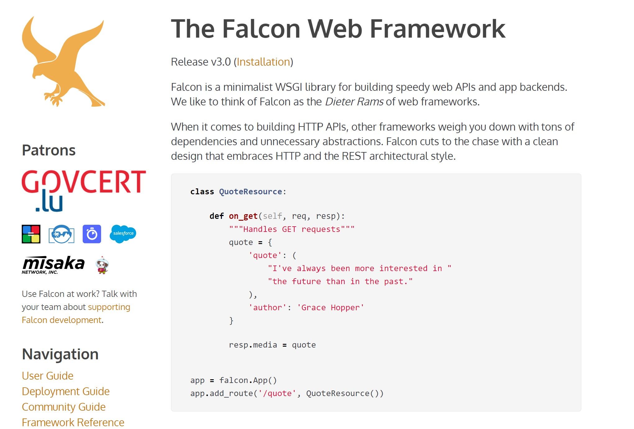 Falcon Web Framework website interface