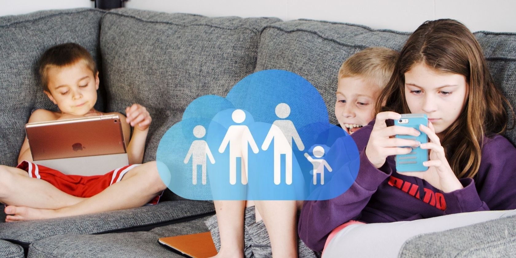 Family Sharing Logo, Children Using Apple Gadgets on the Background
