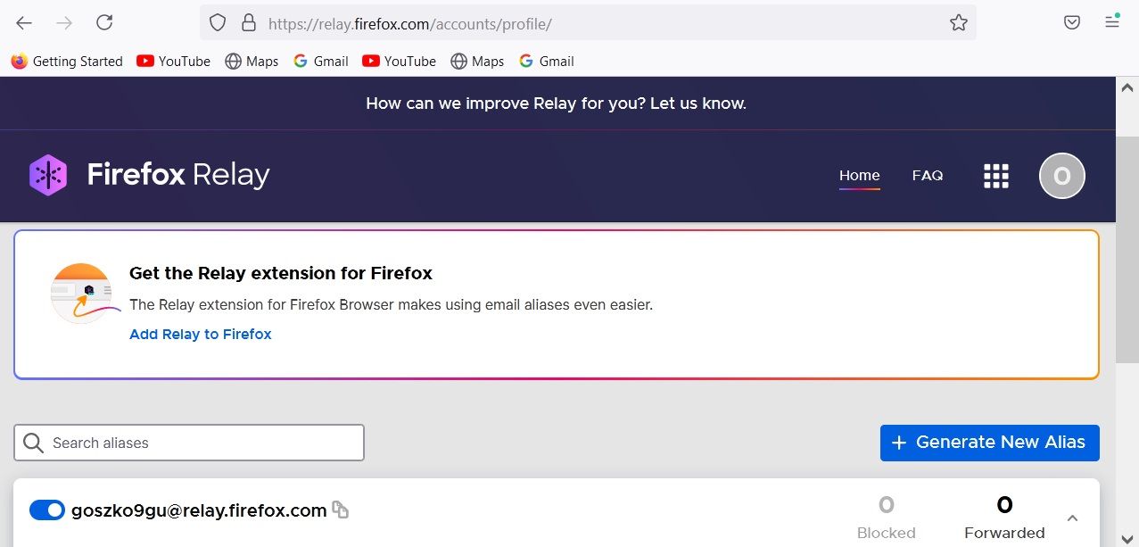 Screenshot on how to create an alias email in Firefox Relay