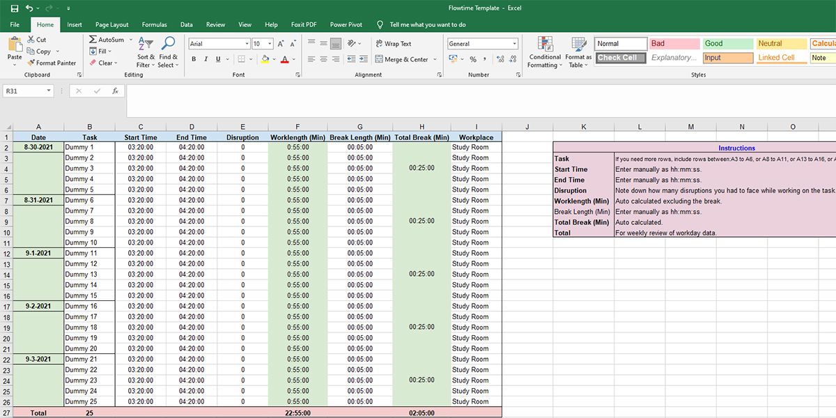 An image showing an MS Excel template for Flowtime technique