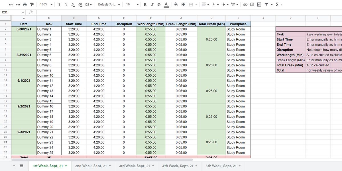 Visual example of Flowtime time management template in Google Sheets