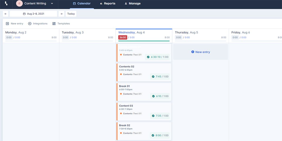 Image showing time management in HourStack for Flowtime technique