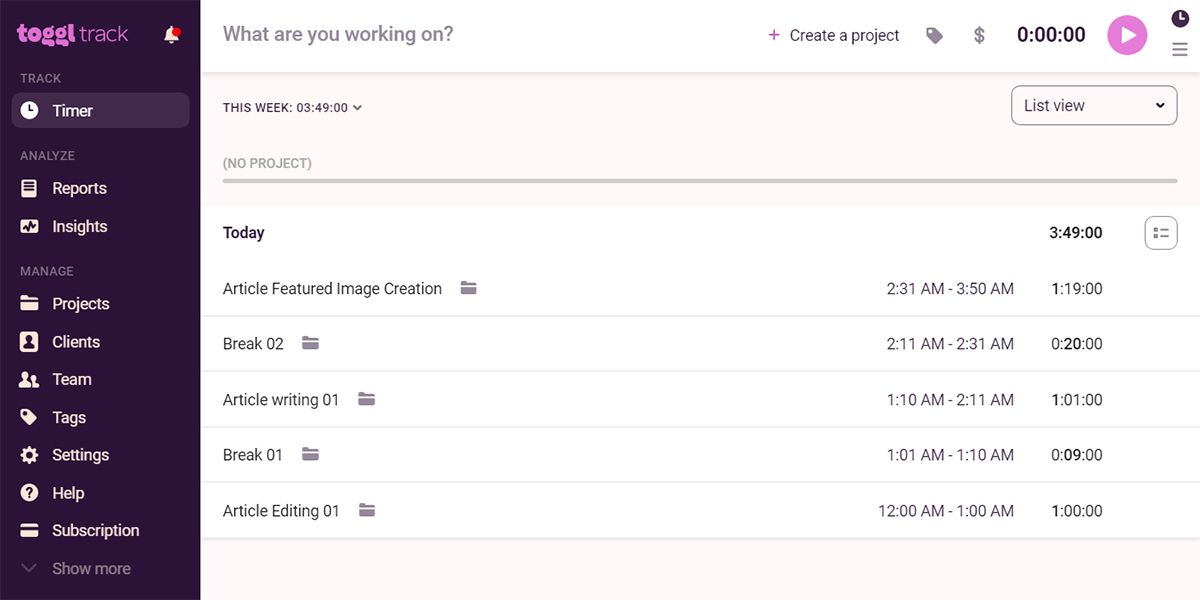 Visualization of Flowtime process-based time tracking in Toggl Track