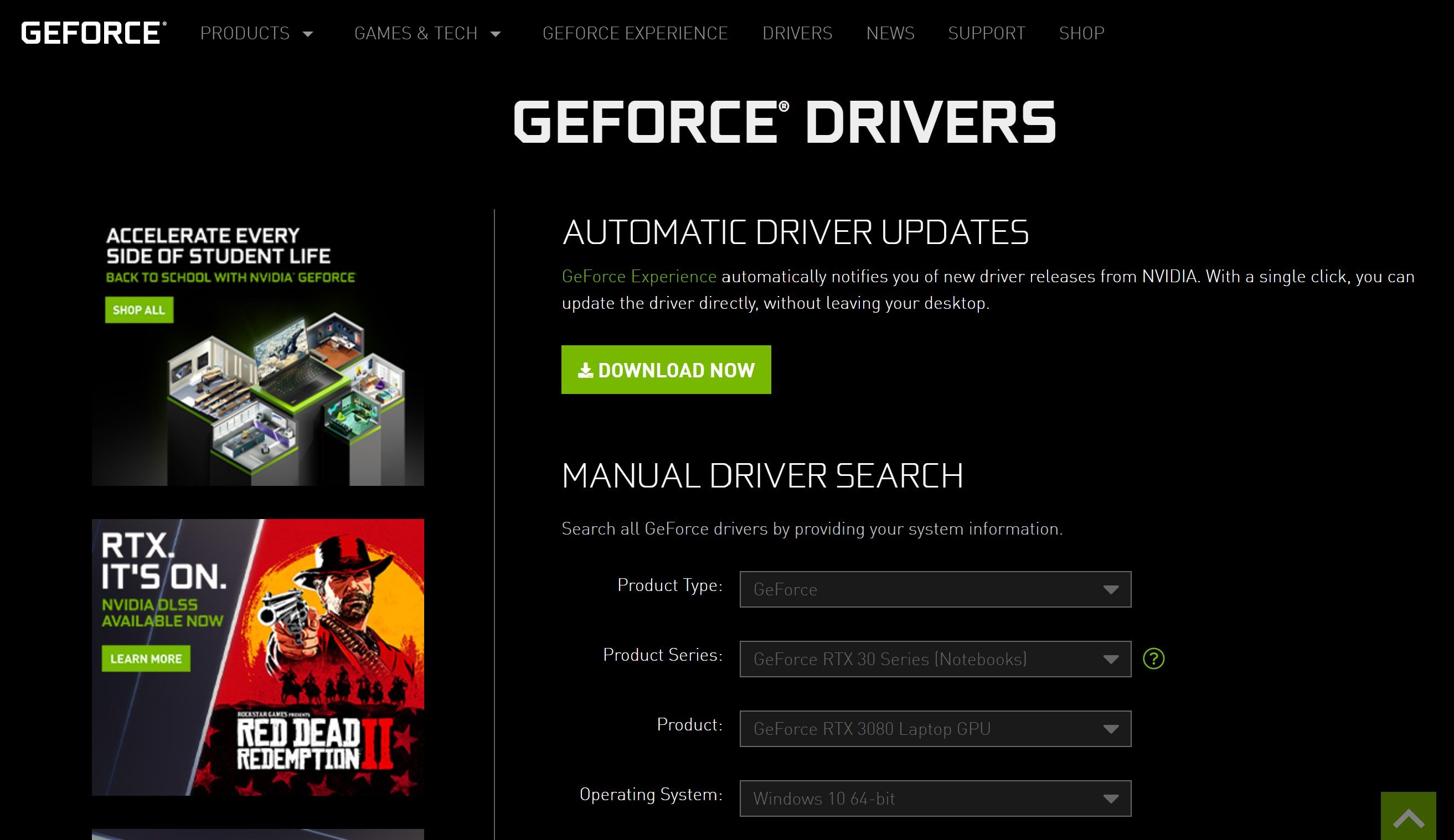 GeForce website interface