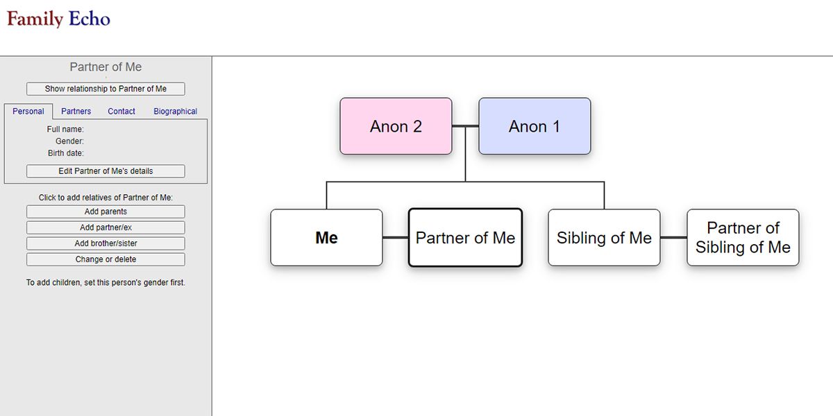 A visual showing creation of genogram in Family Echo