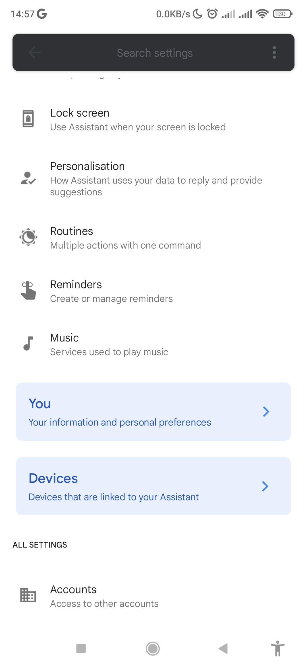 Google Assistant settings page on android