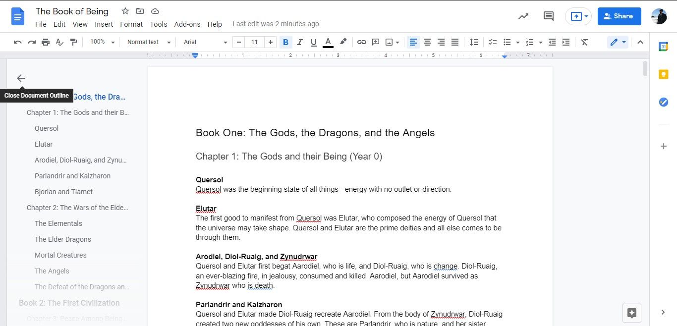 Google Docs with Outline feature expanded.