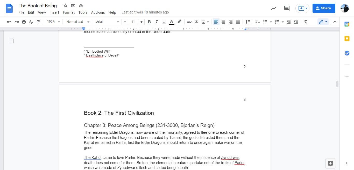 Footnotes in a Google Doc.