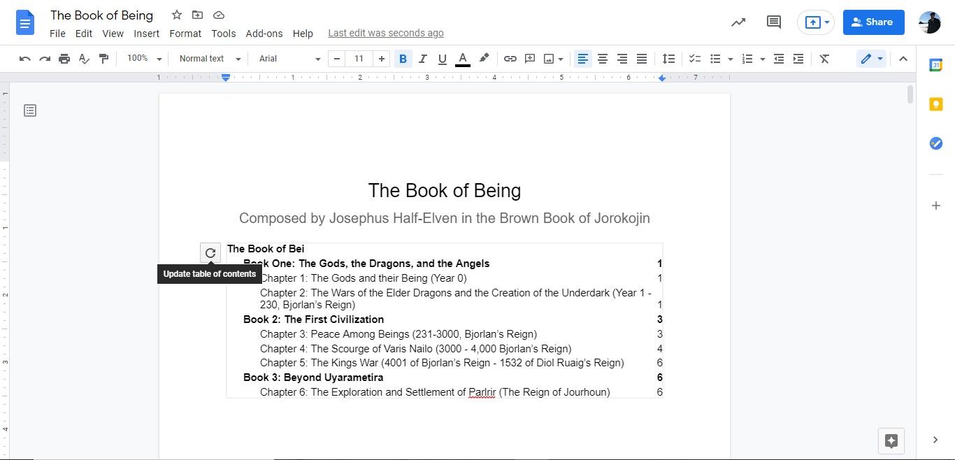 Formatting and updating the table of contents in a Google Doc.