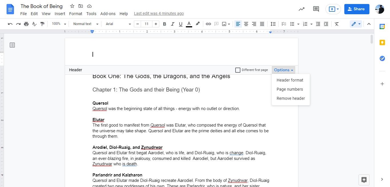 Formatting headers in Google Docs.