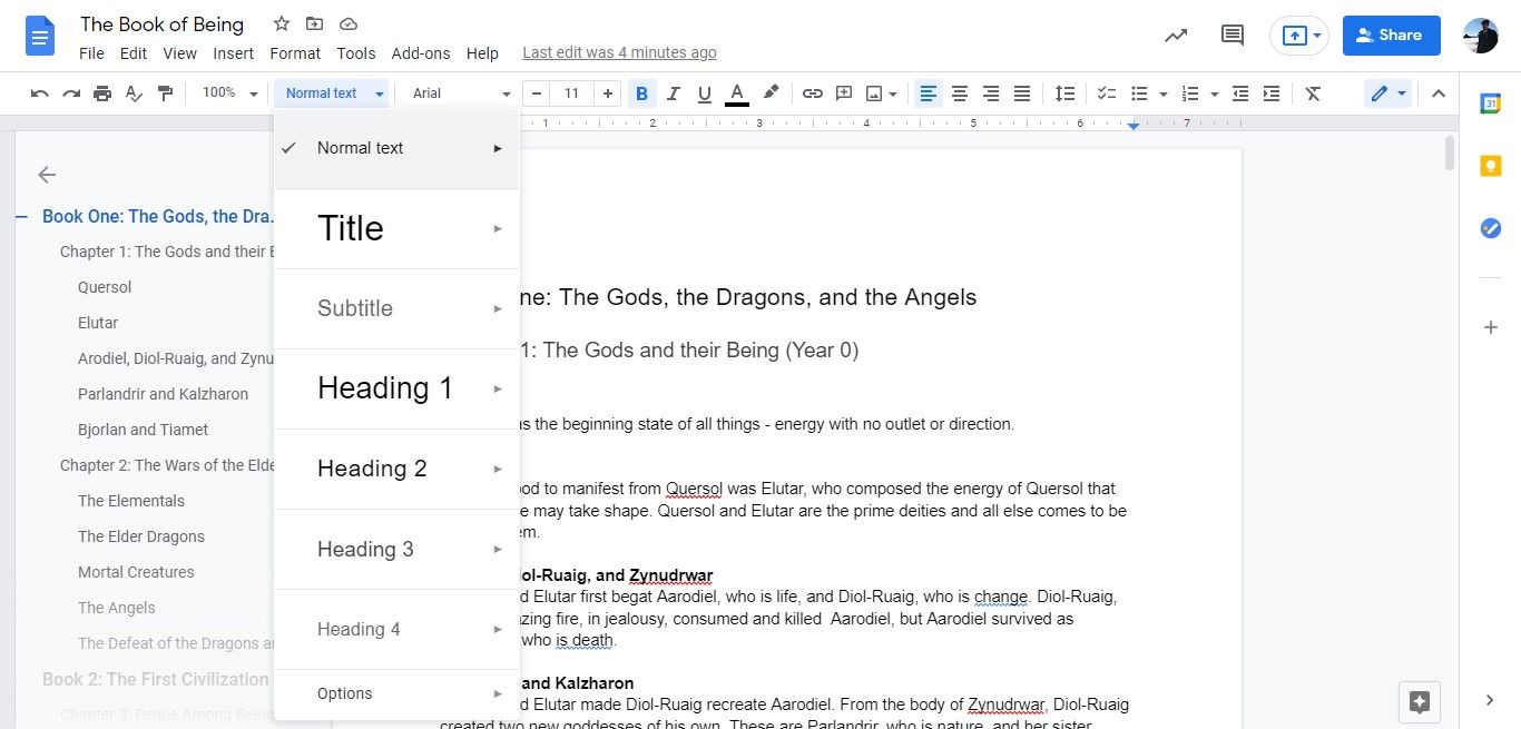 The text styles dropdown menu in Google Docs.